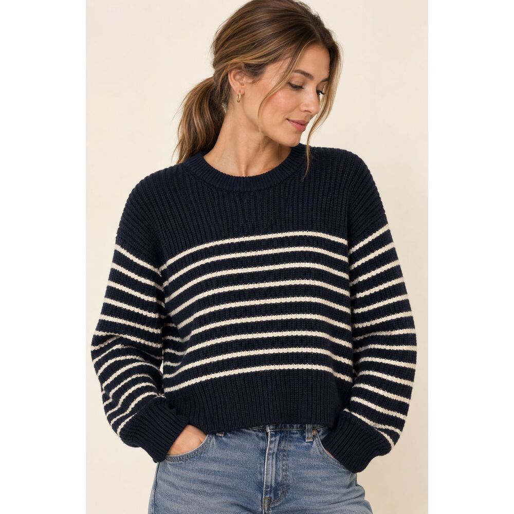 Aritzia Wilfred Maria Merino Wool Striped Crewneck Sweater Navy Ivory M